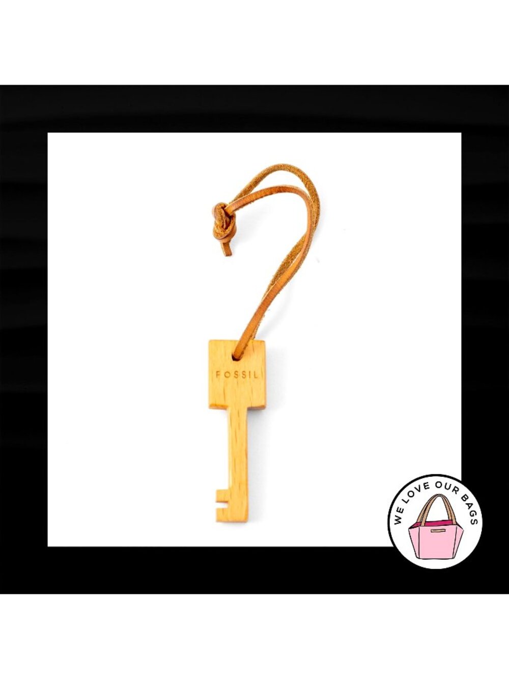 FOSSIL Brown LEATHER STRAP Loop Wood Key Fob Bag Charm Keychain Hang Tag - Picture 1 of 1
